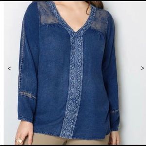 Plus 18/20 Stonewash Blue Blouse with Lace - NWT